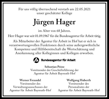 Traueranzeige von Jürgen Hager von Frankenpost
