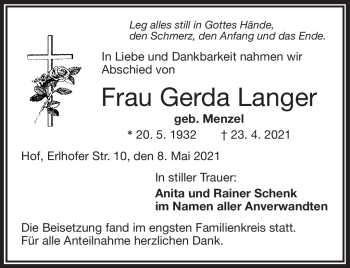 Traueranzeige von Gerda Langer von Frankenpost
