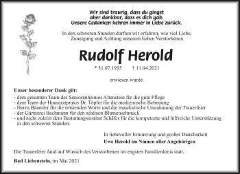 Traueranzeige von Rudolf Herold von Südthüringer Presse