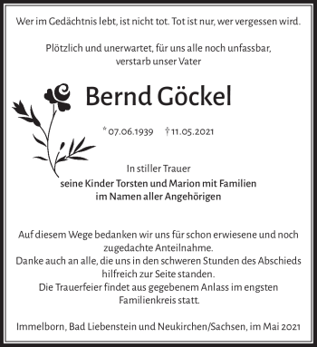 Traueranzeige von Bernd Göckel von Südthüringer Presse