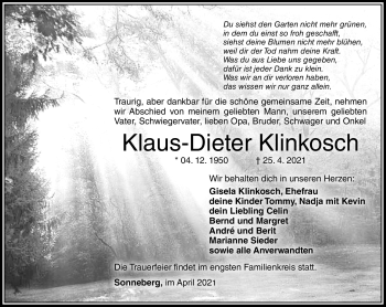 Traueranzeige von Klaus-Dieter Klinkosch von Südthüringer Presse
