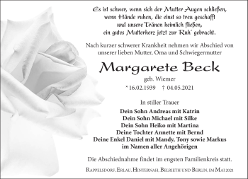 Traueranzeige von Margarete Beck von Südthüringer Presse