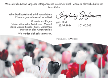 Traueranzeige von Ingeburg Großmann von Frankenpost