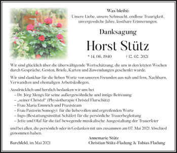 Traueranzeige von Horst Stütz von Südthüringer Presse