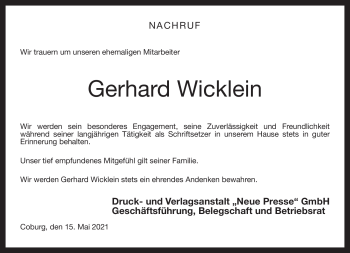 Traueranzeige von Gerhard Wicklein von Neue Presse Coburg