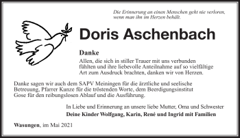 Traueranzeige von Doris Aschenbach von Südthüringer Presse