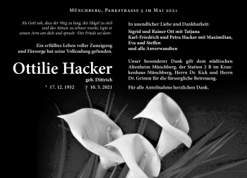Traueranzeige von Ottilie Hacker von Frankenpost