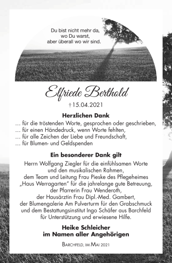Traueranzeige von Elfriede Berthold von Südthüringer Presse