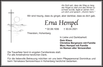 Traueranzeige von Erna Hempel von Frankenpost