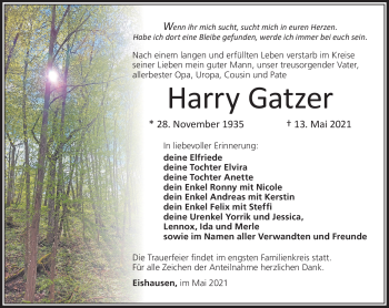 Traueranzeige von Harry Gatzer von Südthüringer Presse