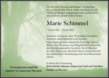 Traueranzeige von Marie Schimmel von Südthüringer Presse