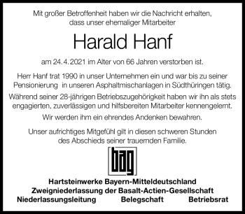 Traueranzeige von Harald Hanf von Südthüringer Presse