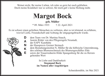 Traueranzeige von Margot Bock von Südthüringer Presse