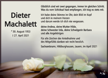 Traueranzeige von Dieter Machalett von Südthüringer Presse