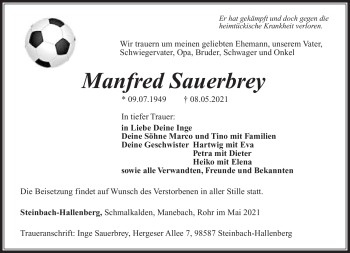 Traueranzeige von Manfred Sauerbrey von Südthüringer Presse