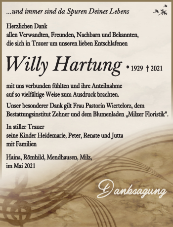 Traueranzeige von Willy Hartung von Südthüringer Presse