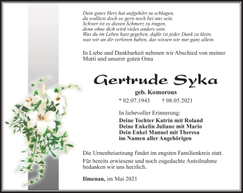 Traueranzeige von Gertrude Syka von Südthüringer Presse