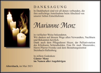 Traueranzeige von Marianne Menz von Südthüringer Presse