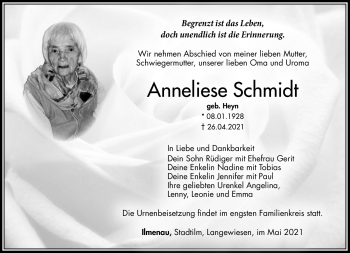 Traueranzeige von Anneliese Schmidt von Südthüringer Presse