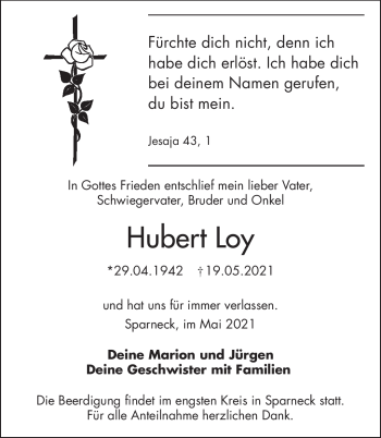 Traueranzeige von Hubert Loy von Frankenpost