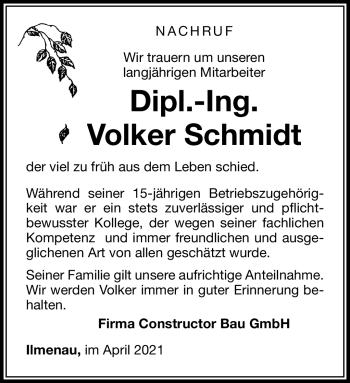 Traueranzeige von Volker Dipl.?Ing. Schmidt von Südthüringer Presse