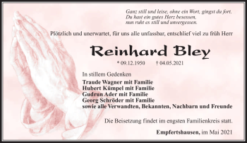 Traueranzeige von Reinhard Bley von Südthüringer Presse