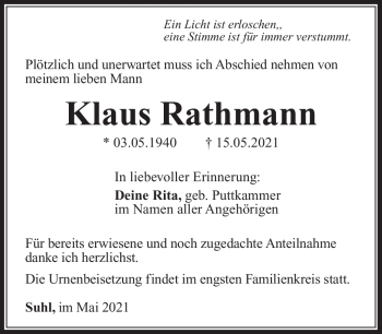 Traueranzeige von Klaus Rathmann von Südthüringer Presse