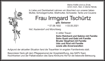Traueranzeige von Irmgard Tschürtz von Frankenpost
