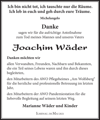 Traueranzeige von Joachim Wäder von Südthüringer Presse