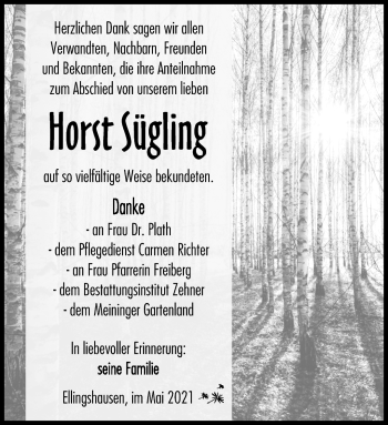 Traueranzeige von Horst Sügling von Südthüringer Presse