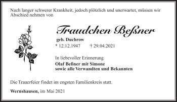 Traueranzeige von Traudchen Beßner von Südthüringer Presse