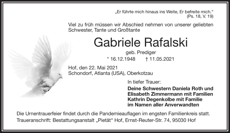  Traueranzeige für Gabriele Rafalski vom 22.05.2021 aus Frankenpost