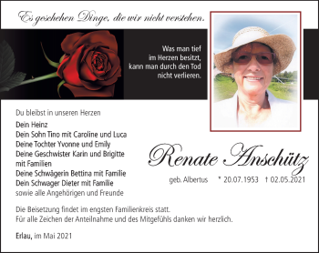 Traueranzeige von Renate Anschütz von Südthüringer Presse