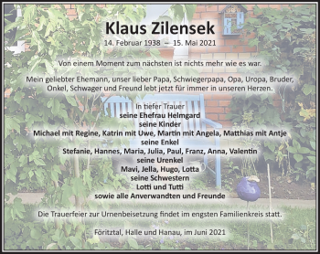 Traueranzeige von Klaus Zilensek von Südthüringer Presse