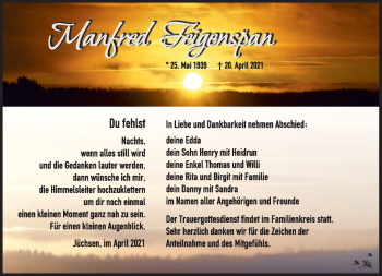 Traueranzeige von Manfred Feigenspan von Südthüringer Presse