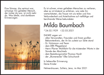 Traueranzeige von Milda Baumbach von Südthüringer Presse
