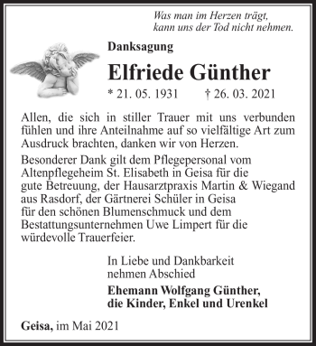 Traueranzeige von Elfriede Günther von Südthüringer Presse