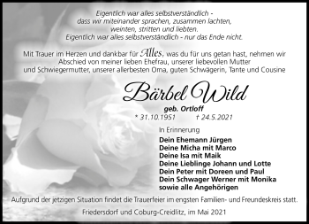 Traueranzeige von Bärbel Wild von Südthüringer Presse