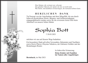 Traueranzeige von Sophia Bott von Südthüringer Presse