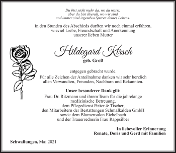 Traueranzeige von Hildegard Kirsch von Südthüringer Presse