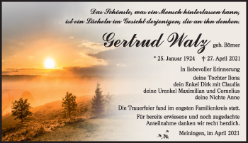 Traueranzeige von Gertrud Walz von Südthüringer Presse