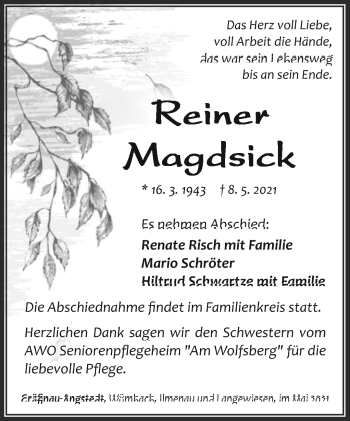 Traueranzeige von Reiner Magdsick von Südthüringer Presse