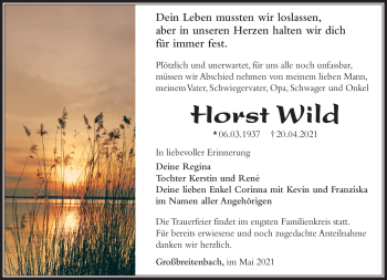 Traueranzeige von Horst Wild von Südthüringer Presse