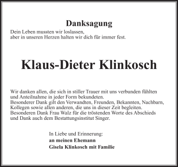 Traueranzeige von Klaus-Dieter Klinkosch von Südthüringer Presse
