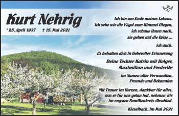 Traueranzeige von Kurt Nehrig von Südthüringer Presse