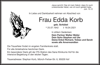 Traueranzeige von Edda Korb von Frankenpost