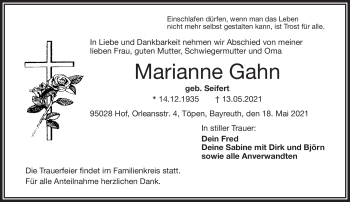 Traueranzeige von Marianne Gahn von Frankenpost