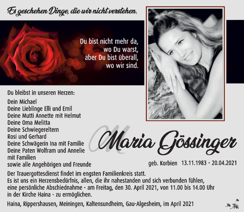  Traueranzeige für Maria Gössinger vom 24.04.2021 aus Südthüringer Presse