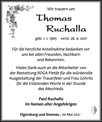 Traueranzeige von Thomas Ruchalla von Südthüringer Presse