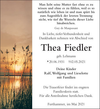 Traueranzeige von Thea Fiedler von Frankenpost